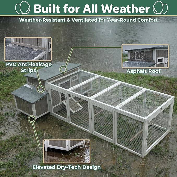 PetsCosset 106" Chicken Coop with Run, Large Chicken Tractor Outdoor Hen House for 2-6 Chickens with 4 Nesting Boxes, 4 Roosting Bars, Openable Roof, Fun Swing Pull-Out Tray for Farm Yard