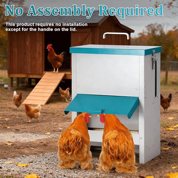 10L Automatic Chicken Feeder Metal No Waste Poultry Feeder Gravity Fed Self Feeding Large Chicken Food Dispenser with Lockable Lid and Rain Cover