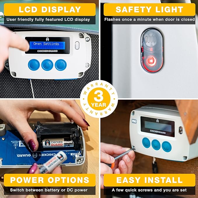 ChickenGuard Automatic Chicken Coop Door Opener, Power by Solar/Batteries/Electric. Strong Motor Lifts 2kg; Timer/Light Sensing; Motor Units only or Combination Kits (PRO + Batteries)