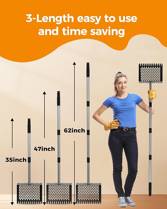 Chicken Poop Scooper & Rake 2-in-1, Adjustable Chicken Coop Pooper Shovel (35 to 62"), Sifting Litter Shovel Scoop for Chicken Coop/Goat Stall/Stable Cleaning Tool
