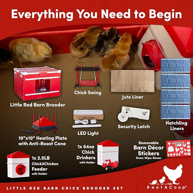 RentACoop Little Red Barn Chick Brooder Set | Durable, Lightweight, Easy-Clean, Multipurpose | with Heating Plate, Feeder, Waterer, Absorbent Hatchling Liners, Jute Liners, LED Light, Security Latch