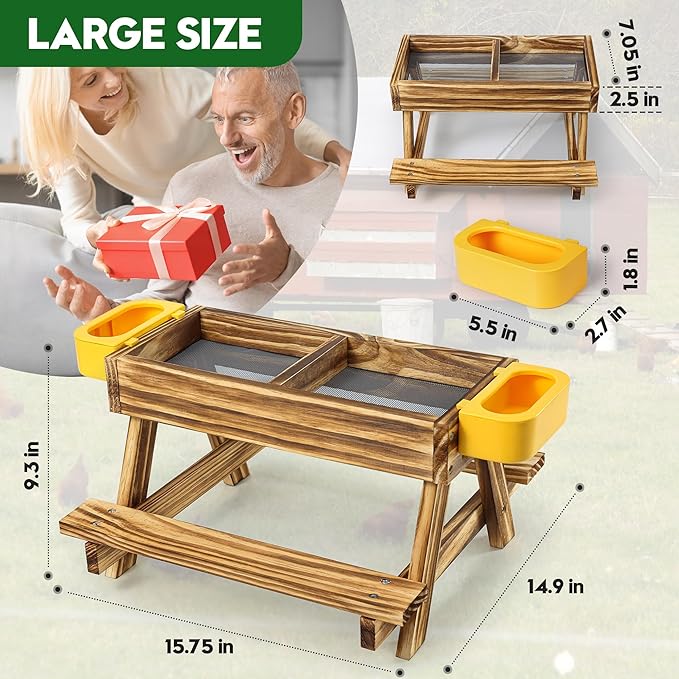 UUMENHA Carbonized Wooden Chicken Picnic Table Feeder with 2 Water Dispensers - No Waste Poultry Feeder, Easy to Clean & Fill, Suitable for Backyard Poultry/Squirrels, chicken Coop Accessories & Decor