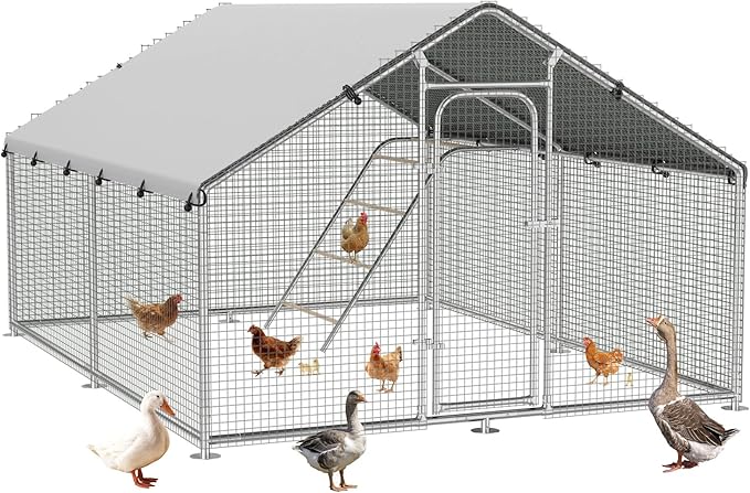 Large Metal Chicken Coop Run with Roosting Perch, Outdoor Poultry Cage with Heavy Duty Wire Mesh and UV-Resistant Cover for Chickens Use, Spire Roof (8.9'W x11.8'L x 6.6'H)