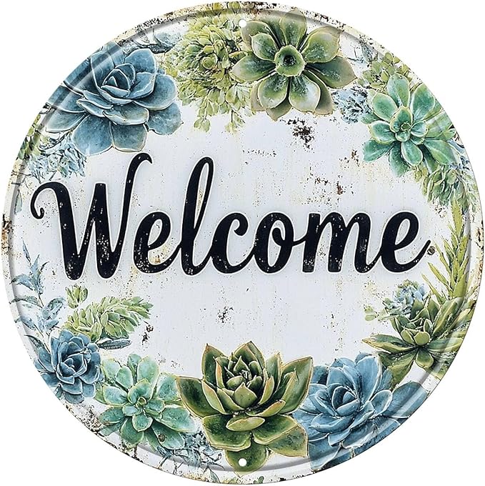 Round Welcome Wreath Aluminum Tin Sign Vintage Style Hanging Door Decor for Front Door Porch Entryway Outdoor Wall Art Decor 8x8inch