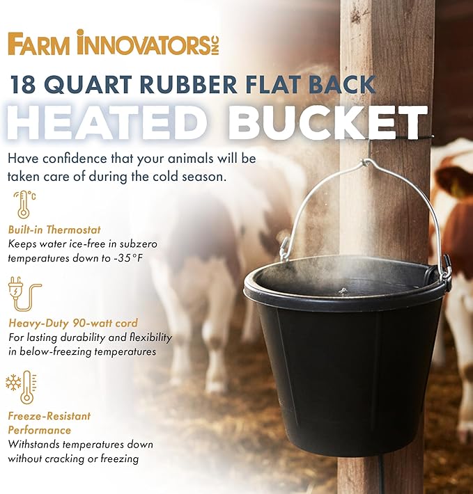 Farm Innovators FB-15R Heated Flat-Back Rubber Bucket, Hanging Water Bucket with Built-in Thermostat and 90W Cord, 18 Quarts