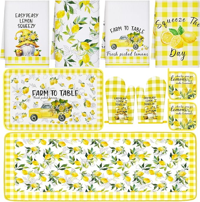 10 Pcs Lemon Kitchen Dish Towels Rugs Oven Mitts and Pot Holders Set Farmhouse Kitchen Decor Set for Women Mom Daughter Gift Cooking Baking Grilling (Fresh Yellow)