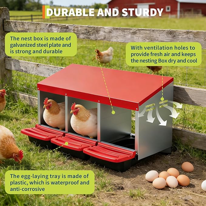Chicken Nesting Box, 3 Hole Compartments Chickens Egg Laying Nest Boxes for Hens, Metal Chicken Egg Laying Box, Roll Out Egg Collection, Cleanable Pull Out Hen Roosting Boxes Wall Mount, Vented