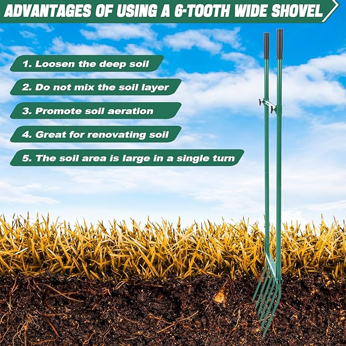 Zonon Heavy Duty Garden Broadfork 59" Steel Long Dual Handle Pitch Fork 16" Wide Broadfork 6 Steel Tines U-Shaped Hand Tiller Broad Fork for Farm and Garden Soil Loosening Weeding Composting Aeration