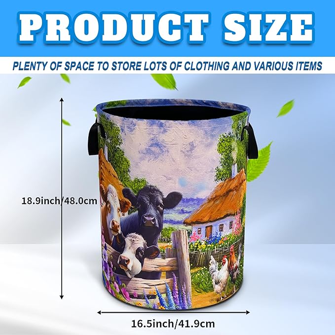 Farm Cow Chicken Laundry Basket Oxford Cloth Beautiful Laundry Hamper With Handle Foldable Portable Clothes Storage Basket 18.9 X 16.5 In Storage Bag For Laundry Room/Bathroom/Bedroom/Dormitories