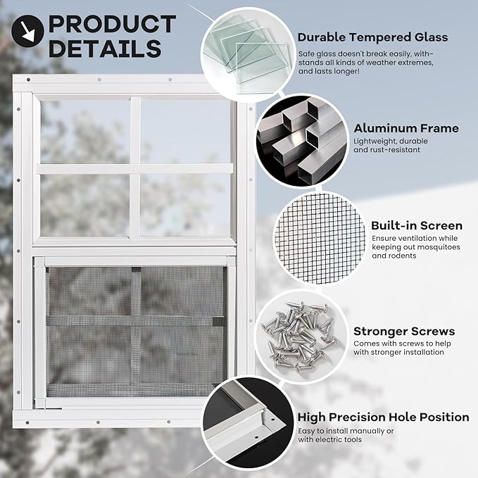 Shed Windows 2 Pack, Chicken Coop Windows 14" x 21" with Tempered Glass and Fiberglass Screen, Flush Mounted Small Window for Shed, Barns, Playhouse, Household, Garage (White)