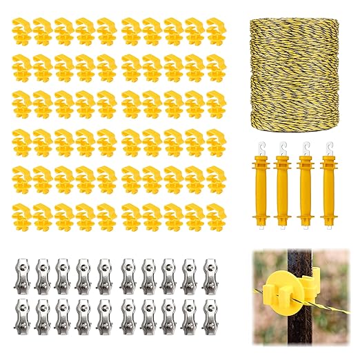 Electric Fence Wire Kit - 1640 Feet 500 Meters Electric Fence Polywire, 50 PCS T-Post Insulators, 4 PCS Robber Electric Fence Gate Handle Insulators, 20 PCS M4 Poly Rope Connectors