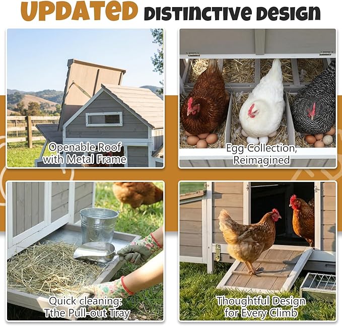 Rustic Wooden Chicken Coop, Outdoor Poultry House for 2-4 Hens, Removable Tray with Metal Locks, 6 Nesting Boxes, Openable Roof, Rabbit Hutch for Garden Backyard Patio