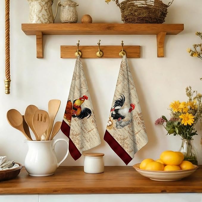 Chicken & Rooster Kitchen Towels Retro Farmhouse Dish Towels Set of 4, Absorbent Vintage Rustic Hand & Tea Towel, Rooster Kitchen Decor, Chicken Gifts for Women