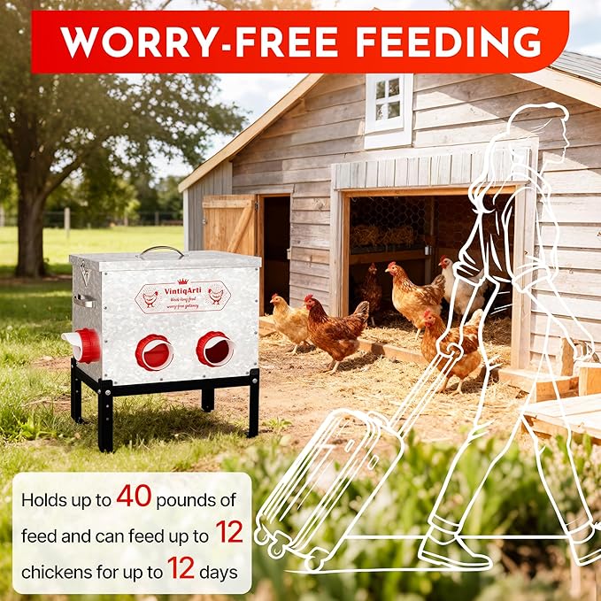 Automatic Chicken Feeder 40LB - 6 Gravity-Fed Chicken Feeders Reduce Waste, Adjustable Legs & Secure Lid, Heavy-Duty Galvanized Steel for Coops (Bright Silver)