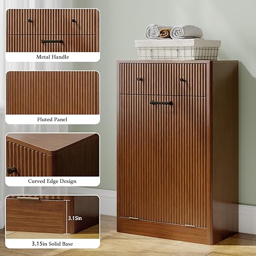 Single 10 Gallon Wood Grain Tilt-Down Trash Can Cabinet with Storage Drawer,Wood Grooved Recycling Cabinet with Wave Texture Hidden Pull-Out Trash Can for Kitchen,Bathroom (Trash Can Cabinet-Walnut)