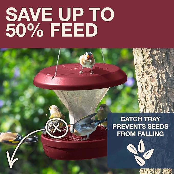 SWISSINNO Bird Feeders - No Mess Hanging Bird Feeder for Outdoors - Smart Birds Davos Spill Proof Wild Cardinal & Small Bird Feeder with Integrated Seed Catcher Tray - Dual Chamber - Burgundy