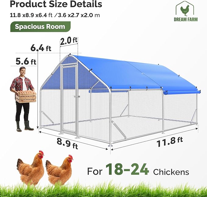 Sino Luban Large Metal Chicken Coop Run with Galvanized Hardware Cloth for 20 Chickens/Ducks, Chicken Runs for Yard with Waterproof Cover, Chicken Enclosure Pen Outdoor, Walk-in Poultry Cage