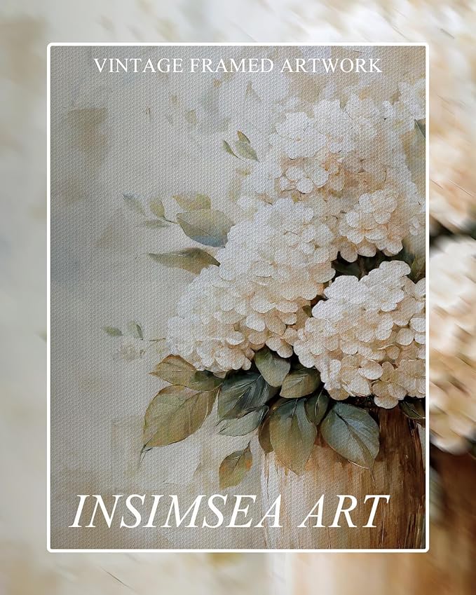 InSimSea Framed Canvas Wall Art Vintage Flower Wall Pictures Room Decor Aesthetic Hydrangea Small Prints Desk Shelf Decor Floral Paintings Farmhouse Artwork for Bedroom Bathroom Office Kitchen 8x10in