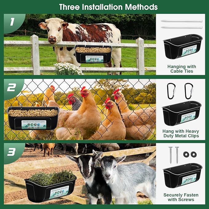 4 Pack Chicken Duck Feeder, Poultry Feeders and Waterers, Hanging Goat Feeder, Livestock Feeding Container, Feed Trough and Waterer Bucket with Clips(Black)