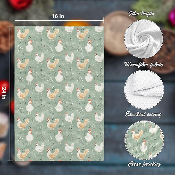 Green Chicken Floral Kitchen Dish Towels for Bathroom Decor, Farmhouse Cottage Core Decor Kitchen Hand Dish Towels Bathroom, Chicken Gifts for Women Mom Lady,16x24 Inch
