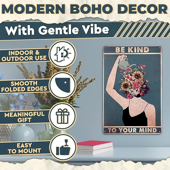 Be Kind to Your Mind Wall Art - Metal Signs Vintage Room Decor 12x8 In - Tin Inspirational Wall Decor Boho Art, Retro Style for Home, Office, Bedroom, Living Room & Cafes | Vintage Gifts for Women