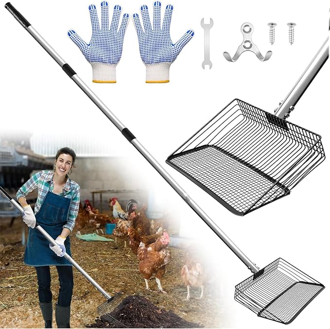 Chicken Poop Scooper 10 Inch, Anglecai Large Chicken Coop Litter Scoop 22'' to 62" Long Litter Sifting Shovel 4 in 1 Multifunctional Poop Shovel for Poultry Coop Cleaning Tool