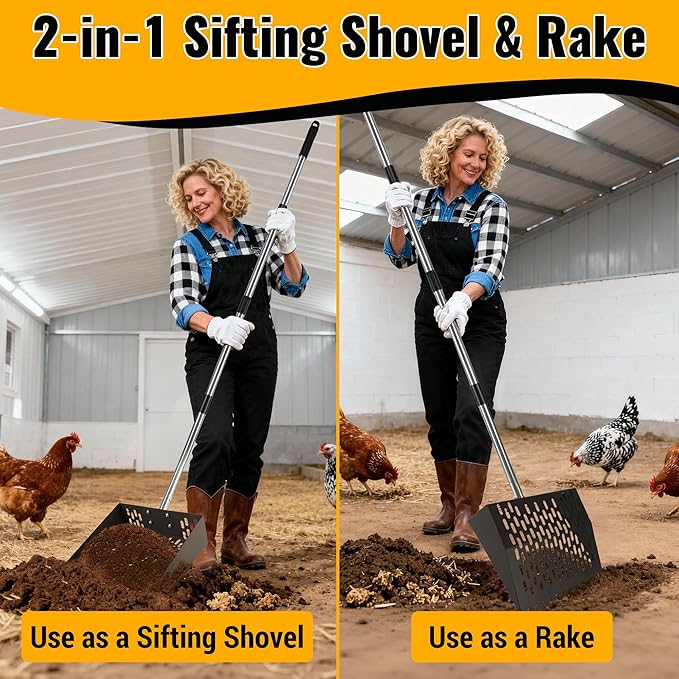 PETNF 2-in-1 Chicken Poop Scooper & Rake with Ergonomic Non-Slip Handle, Adjustable Stainless Steel Handle (30–80"), Large Capacity Basket, Multifunctional Heavy-Duty Scooper, Easy to Install & Clean