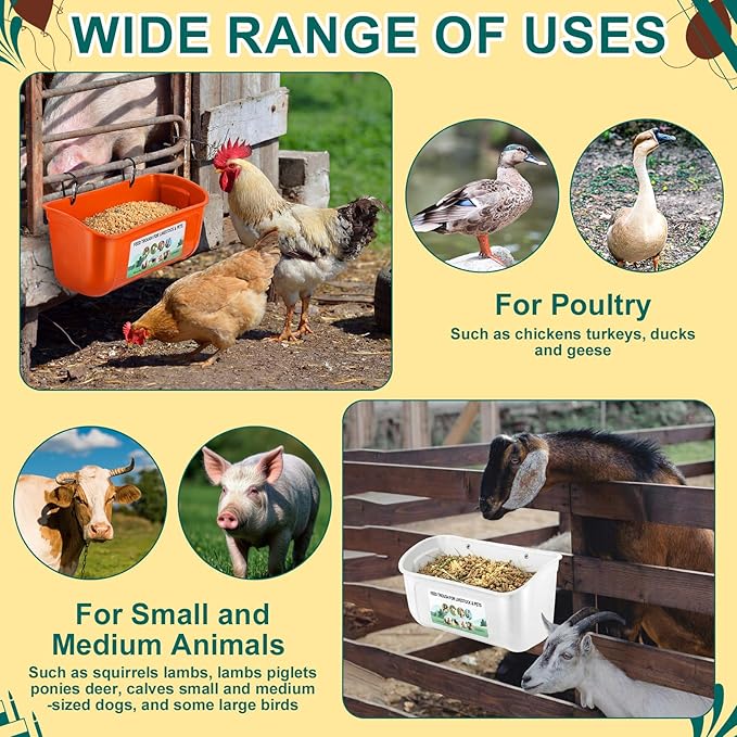 9 Pack Chicken Duck Feeder Waterer Hanging Goat Feeder Trough 2.5 Quart Livestock Feeding Trough with Scoop & Brush for Pig, Poultry, Fence Feeding, 22.5 Quart Total (White, Orange, Black)