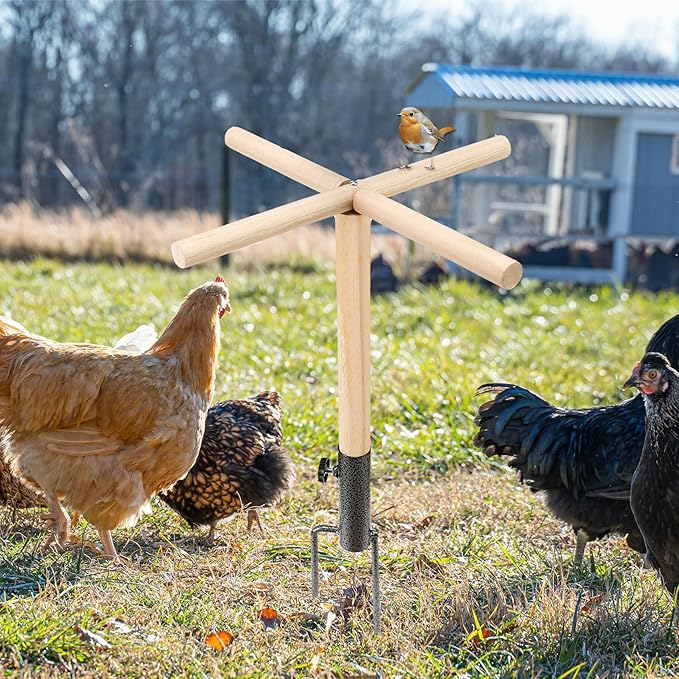 Chicken Perch Toys for Coop, Chick Perch Stand Wooden with Metal Ground Plug Chicken Roosting Bar Ladder Backyard Playground Suitable for Poultry Rooster Chicks Large Bird Parrot