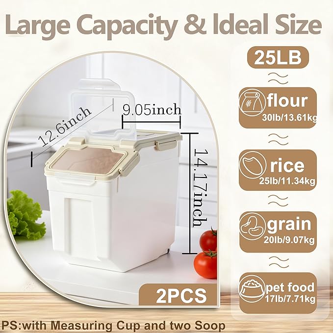 RUIAN 25lb Flour Rice Storage Containers Bin, Large Airtight Storage Container with Wheels Seal Locking Lid, with Measuring Cup&Scoop for Flour, Rice, Grain(Gray 4PCS)