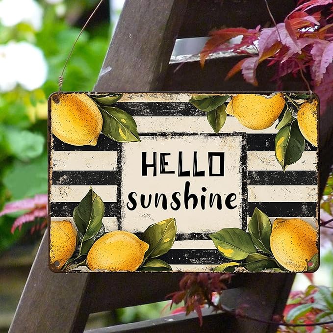 Vintage Metal Sign Hello Sunshine Lemon Summer Spring Farmhouse Retro Tin Sign Metal Poster Vintage Metal Tin Sign Wall Decor for Bars Restaurants Cafes Home Decoration 8x12inch
