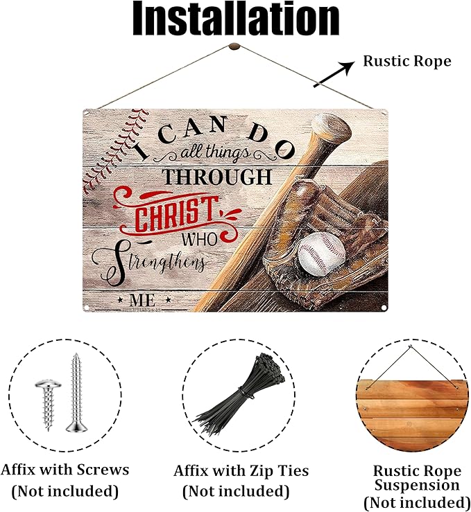 Funny Baseball Metal Poster for Boys Bedroom-I Can Do All Things Through Christ Who Strengthens Me Baseball Signs,Baseball Room Decor,Baseball Tin Sign Gifts Baseball Wall Art Decorations 8x12 Inch