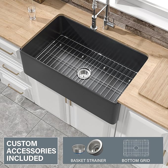 Black Farmhouse Sink 33 x 20 Inch, Firecaly Apron Front Undermount Farm Sink, Single Bowl, with Accessories 2 Types, Matte Black, for Kitchen