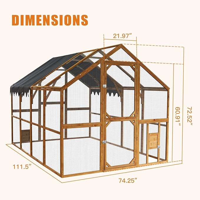 KEIKI 110" L Outdoor Large Chicken Coop with Waterproof Cover, Wire Mesh & 2 Lift Small Doors with Locks, Wood Chicken Coop House with Run for Cat Kitten Playpen, Duck, Rabbit, Quail