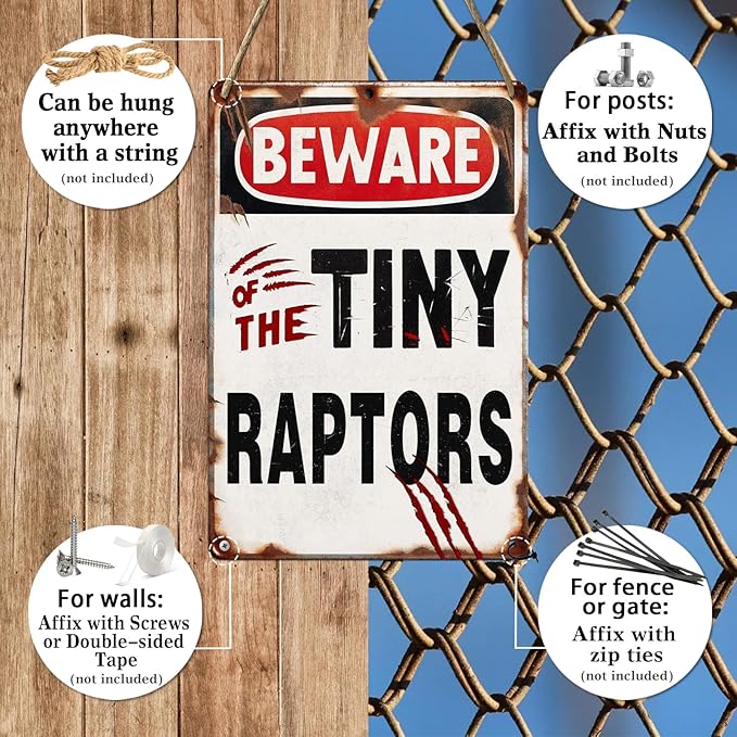 Beware of the Tiny Raptors Metal Tin Sign Funny Chicken Coop Sign Chicken Coop Accessories Outdoor Chicken Farmhouse Farm Sign Yard Decor Gifts 8x12 Inch