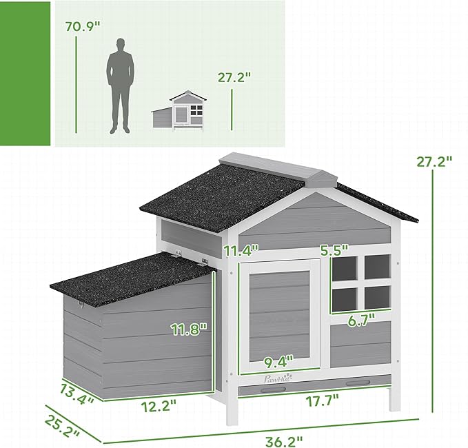 PawHut Chicken Coop Outdoor Weatherproof, Wooden Duck House with Nesting Box, Pull-Out Metal Tray, for 1-2 Chickens, Rabbits, Ducks, Poultry Cage Rabbit Hutch for Backyard, Farm, 36" x 25" x 27"