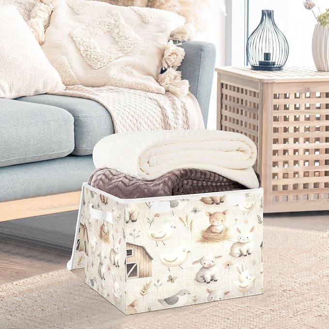 Storage Box Farm Animals Storage Bins with Lids, Larger Collapsible Fabric Storage Baskes with Handles for Living Room, Playroom, Bedroom, Nursery 16.5x12.6x11.8 Inch