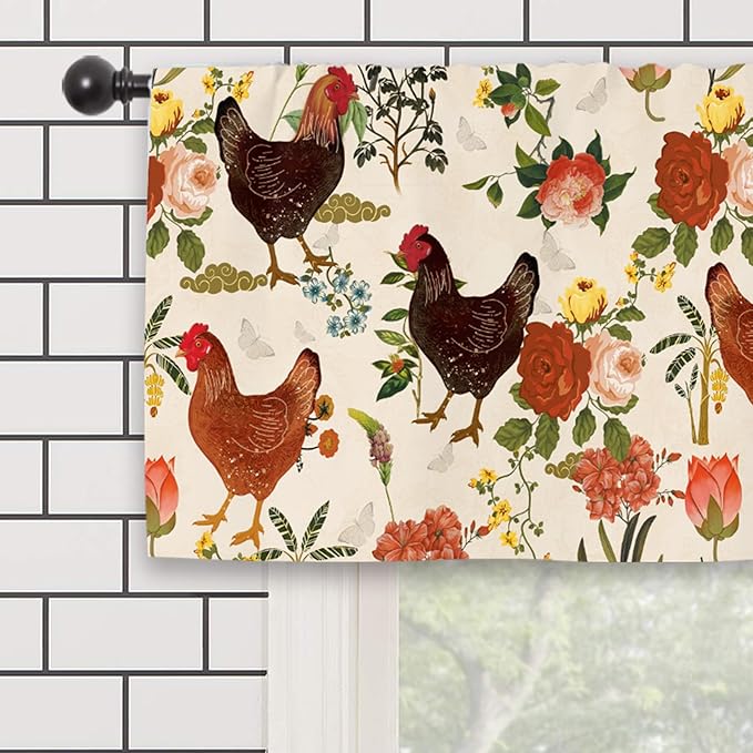 Rooster Chicken Flower Kitchen Curtain Valance 54W x 18L Inch Farmhouse Rustic Vintage Peony Country Rural Rod Pocket Short Cafe Small Window Treatment Drapes Decor