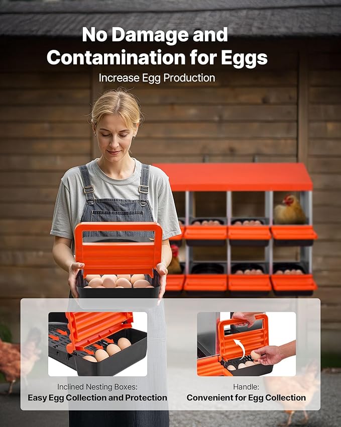 VEVOR 2 Tiers Chicken Nesting Boxes, 8 Compartments, Metal Egg Laying Boxes with Protective Collection Lids, Roll Out Nesting Box, Easy to Assemble, Ideal for Hens, Ducks, Chickens, and Other Poultry