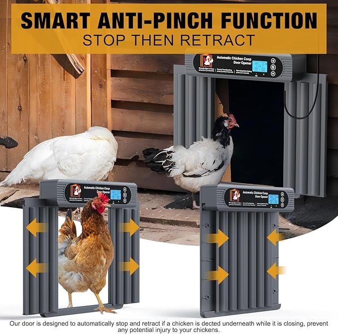 Automatic Chicken Coop Door,Programmable Timer & Light Sensor Modes, LCD Display, Solar Powered Auto Chicken Door Opener with Remote Control (30m)