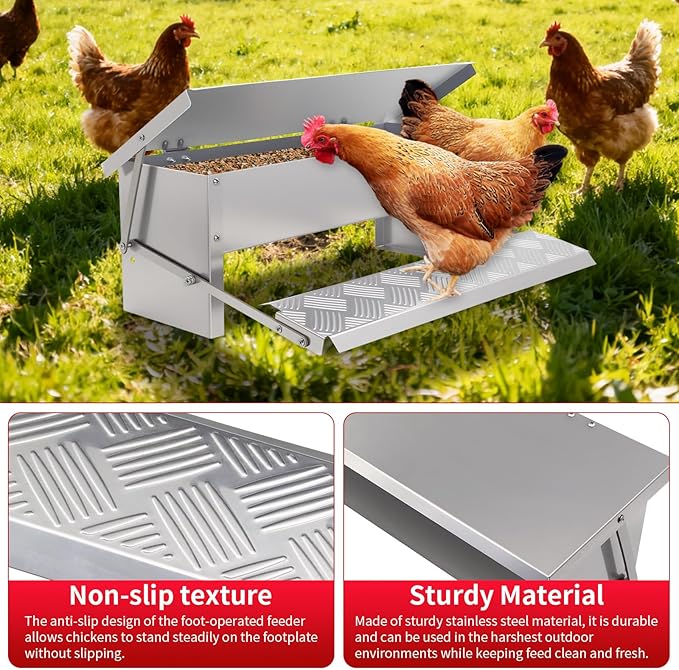 Automatic Chicken Feeder No Waste Large Poultry Stainless Steel with Weatherproof Lid Treadle Rat Proof Chicken Feeder Trough for Chicken Duck Gravity Food Dispenser