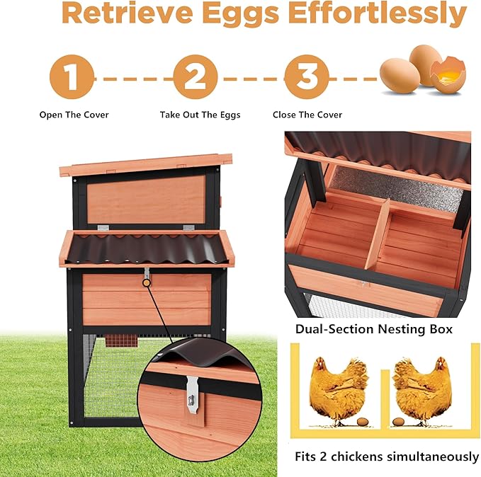 Chicken Coop, Large Wooden Chicken Coop with Nesting Boxes & Run Cage for 2-3 Chickens, Outdoor Hen House Poultry Hutch Rabbit Cage with No-Slip Ramp & Pull-Out Tray for Backyard Farm