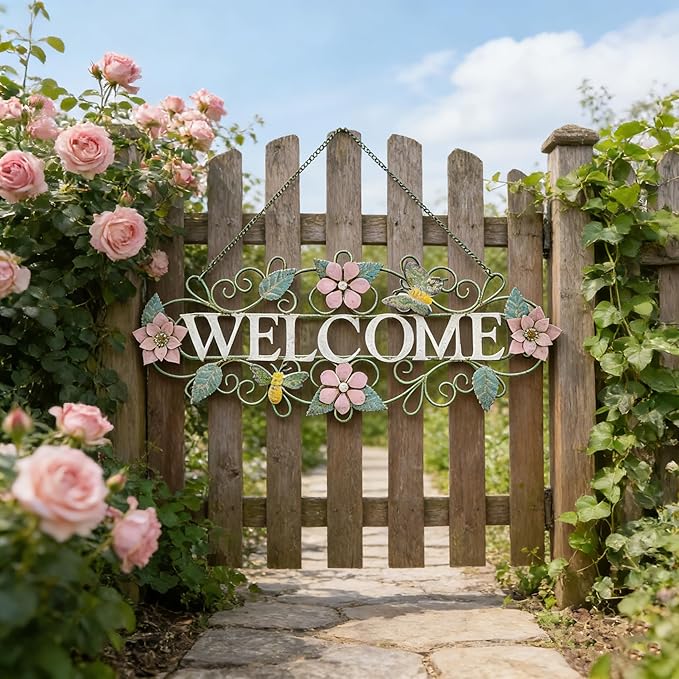 Queltharion 23.6'' L Vintage Metal Welcome Sign Hanging Decor Rustic Distressed Butterfly Bee Flora Welcome Wall Art Decoration for Outdoor Front Door Garden Farmhouse Porch Patio Yard Plaque Pink