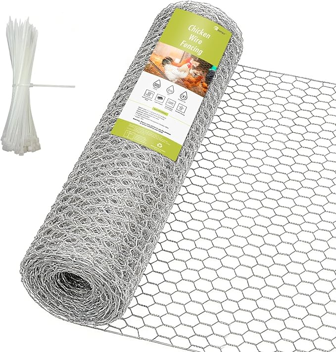 Chicken Wire Fencing, 16.5 x 158 Inch Chicken Wire Mesh Roll for Garden Plants, 1 Inch Mesh Hexagonal Galvanized Metal Poultry Wire Netting for Chicken Coop Rabbit Dogs Barrier