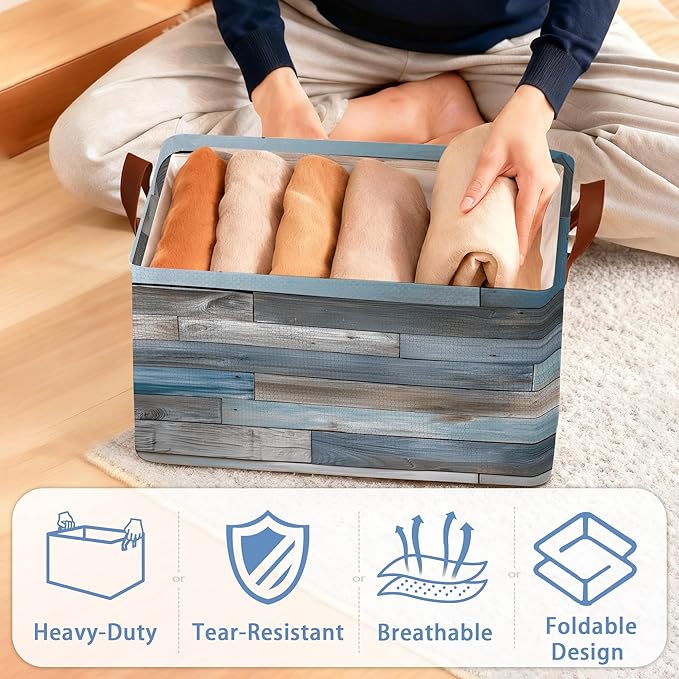 Vintage Wood Grain Storage Baskets,Barn Wooden Foldable Large Capacity Organizer Bins with Waterproof Lining and Leather Handles for Closet,Shelf,Bedroom 17x11.5x10Inch