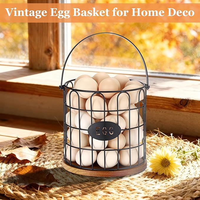 7'' Farmhouse Egg Basket for Gathering Fresh Eggs, Metal Egg Holder Countertop for Chicken Eggs, Round Metal Wire Basket with Handle & Wooden Base, Vintage Kitchen Decor(Style 1-Straight)