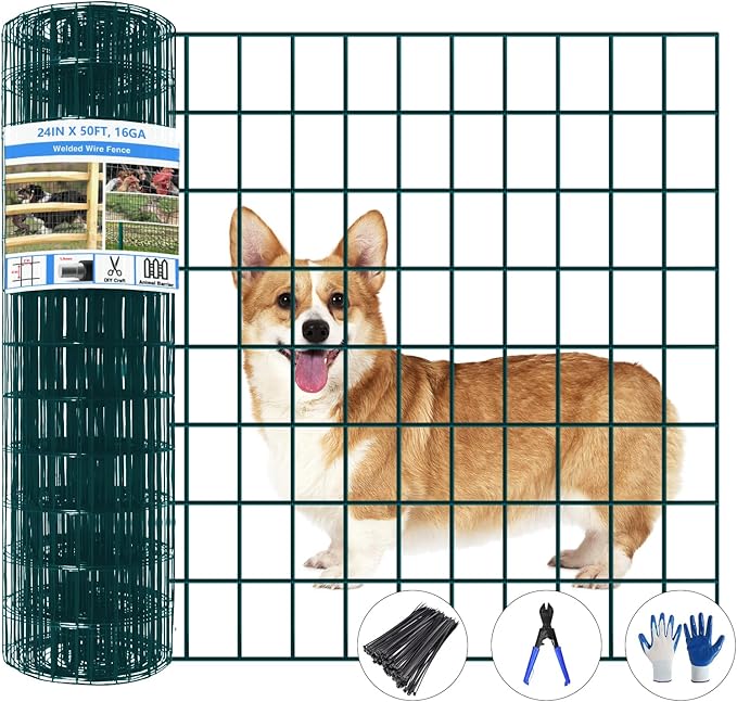 Welded Wire Fence, 50ft(L) x 24inch(H) Garden Fence for Dog, 2 Inch x 3 Inch 16GA Fencing for Chicken, PVC Coated Anti-Rust Roll Metal Wire Mesh Fence for Yard Vegetable, Green