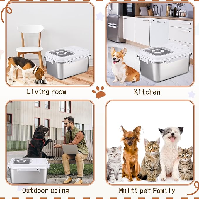 Honeydak 14.76 x 10.4 x 7.28 Inches Stainless Steel Dog Food Storage Container with Silicone Airtight Lid with Scoop Metal Pet Dog Cat Food Storage Container Keep Fresh Easy to Clean