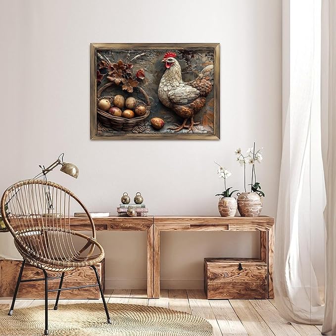 Rustic Long Wooden Framed Art Rustic Hen Eggs Basket Flowers Texture Farmhouse Style Wall Decor Sign for Tabletop Or Hanging - Durable Handcrafted Wood Print - Home & Office Decoration