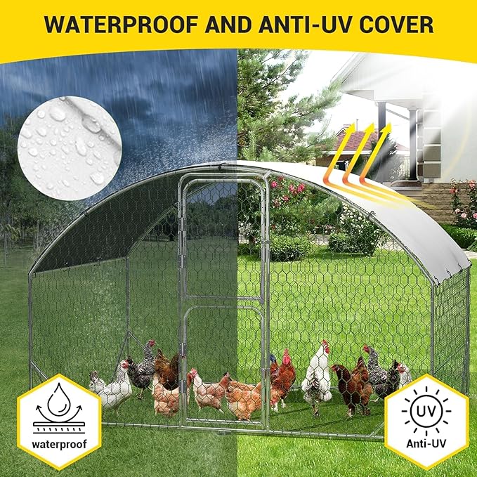 Large Metal Chicken Coop, Walk-in Poultry Cage, Chicken Run Pen House with Reinforcement & Waterproof & Anti-Ultraviolet Cover Chicken Coop Run with Double Lockable Doors for Outdoor 9.8 x 6.5X 6.5ft